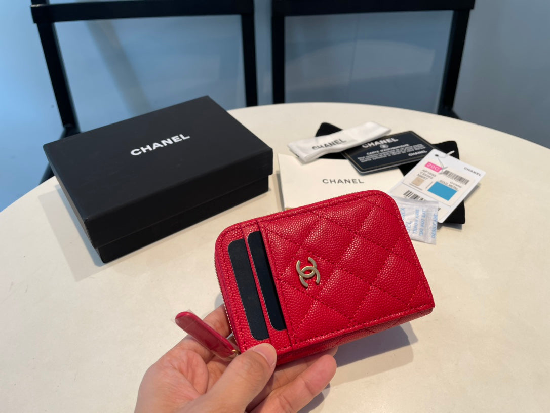 Porte-monnaie zippé CC 11 en cuir de veau grainé rouge