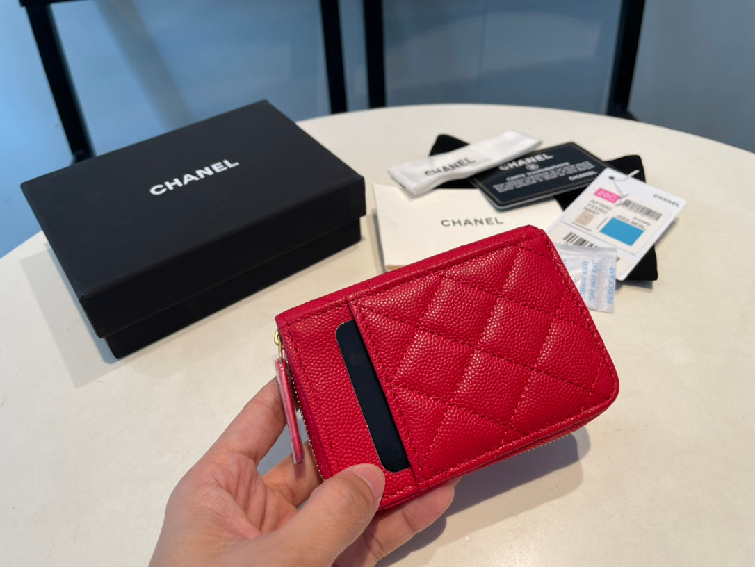 Porte-monnaie zippé CC 11 en cuir de veau grainé rouge