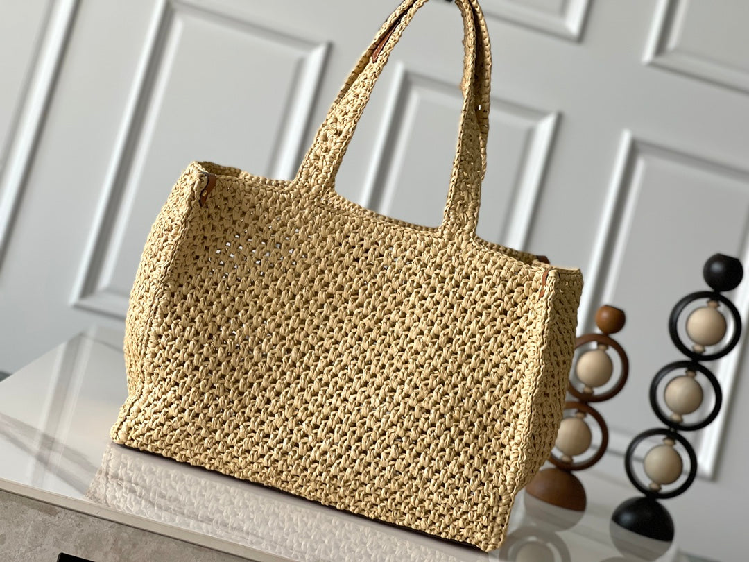 ONTHEGO MM 37 EN RAFIA TISSÉ BEIGE AVEC DÉTAILS EN CUIR