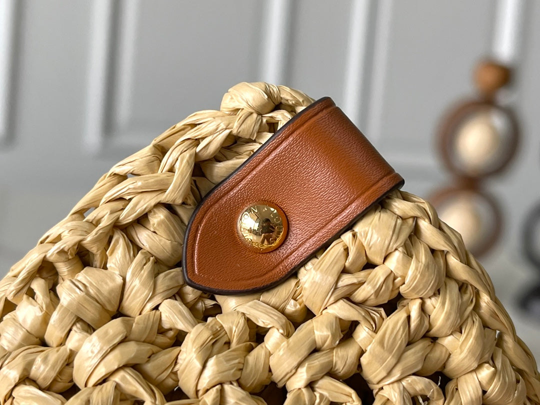 ONTHEGO MM 37 EN RAFIA TISSÉ BEIGE AVEC DÉTAILS EN CUIR