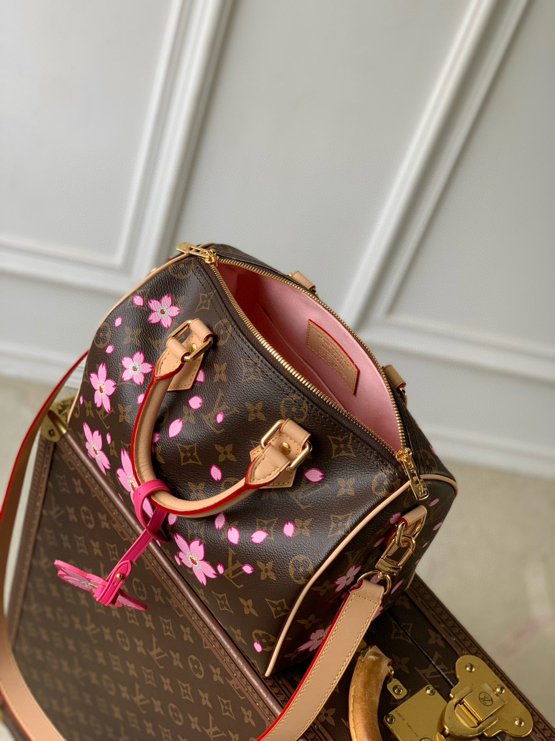 SPEEDY BANDOULIÈRE CHERRY FLOSSOM 25 EN TOILE ENCOCHE MONOGRAMME BRUN SAKURA
